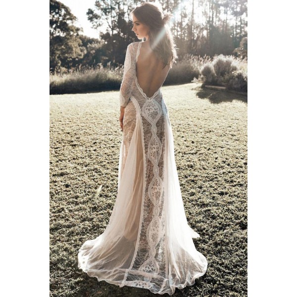 Dreamy Long Sleeve Floral Lace Wedding Party Dress