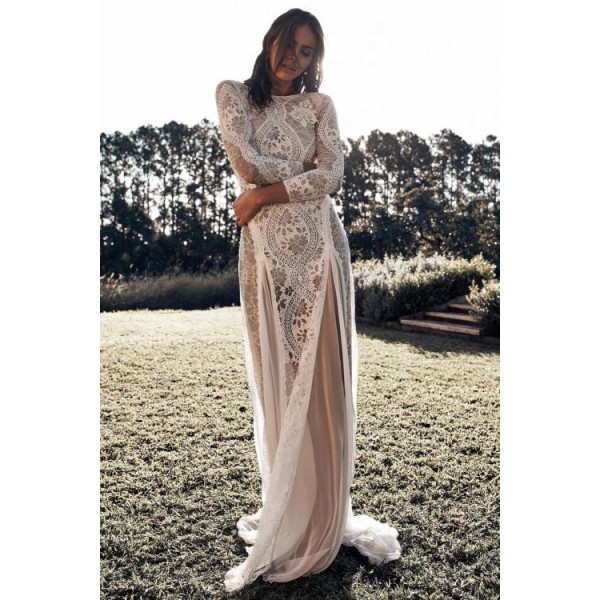 Dreamy Long Sleeve Floral Lace Wedding Party Dress