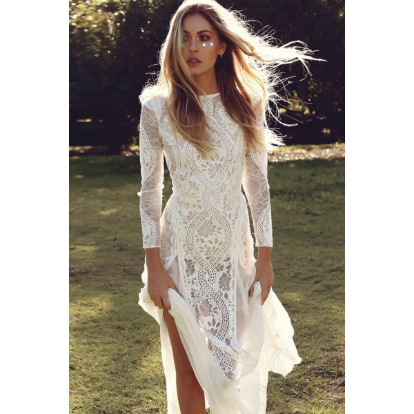 Dreamy Long Sleeve Floral Lace Wedding Party Dress