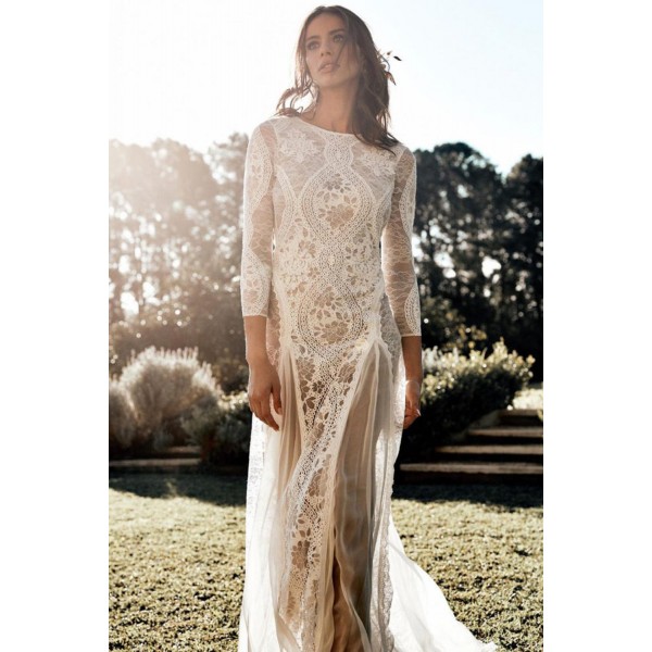 Dreamy Long Sleeve Floral Lace Wedding Party Dress