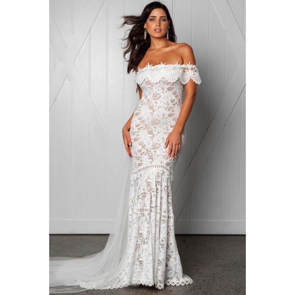 White Off Shoulder Ruffled Overlay Bridal Wedding Gown