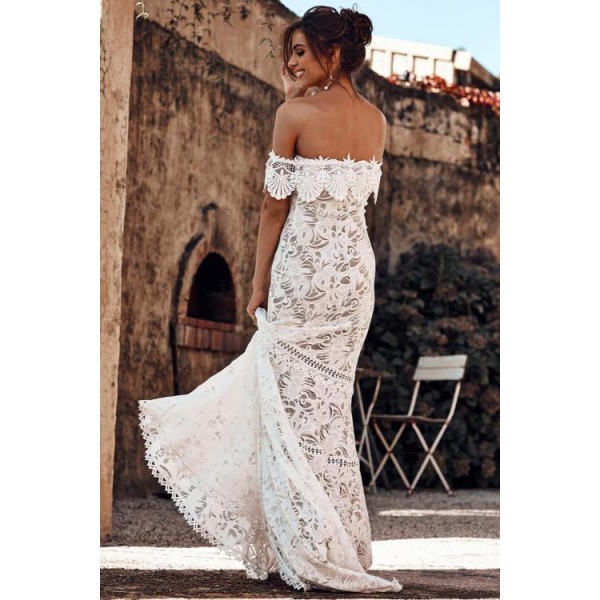 White Off Shoulder Ruffled Overlay Bridal Wedding Gown