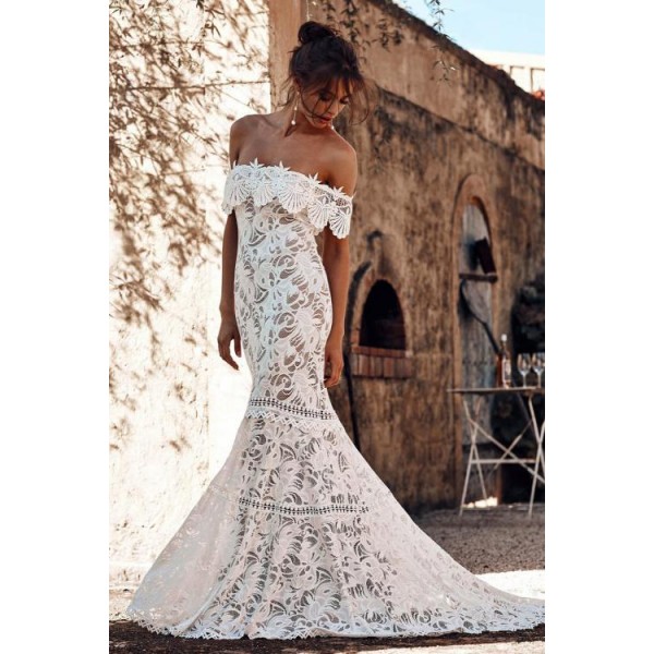 White Off Shoulder Ruffled Overlay Bridal Wedding Gown