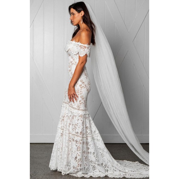 White Off Shoulder Ruffled Overlay Bridal Wedding Gown