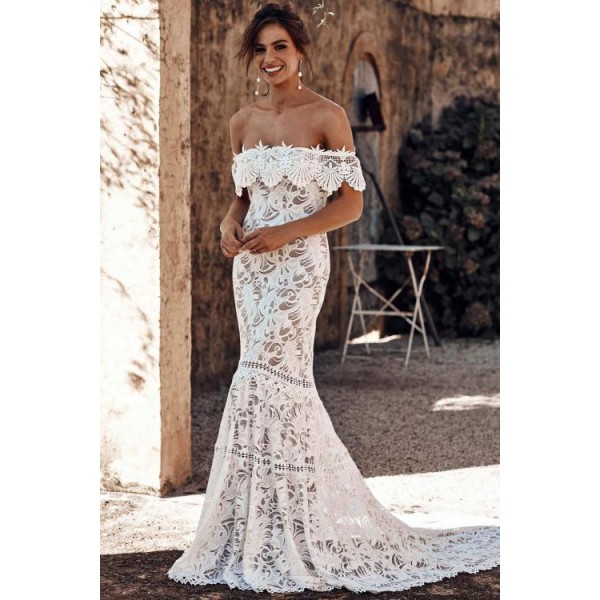White Off Shoulder Ruffled Overlay Bridal Wedding Gown