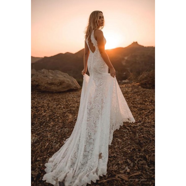 White Sleeveless Lace Backless Phoenix Wedding Day Party Gown