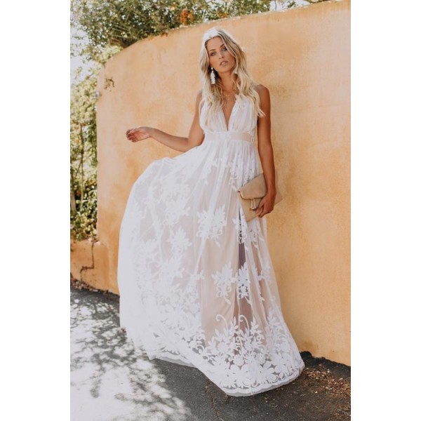Deep V Neck Lace Wedding Party Maxi Dress