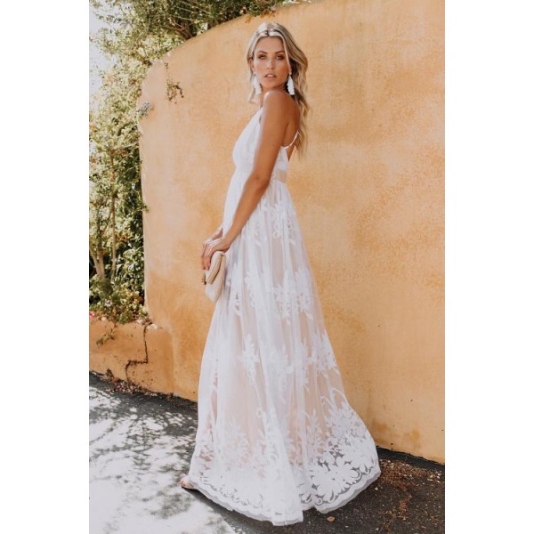 Deep V Neck Lace Wedding Party Maxi Dress