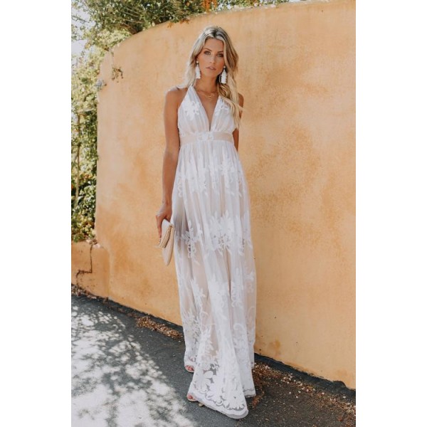 Deep V Neck Lace Wedding Party Maxi Dress