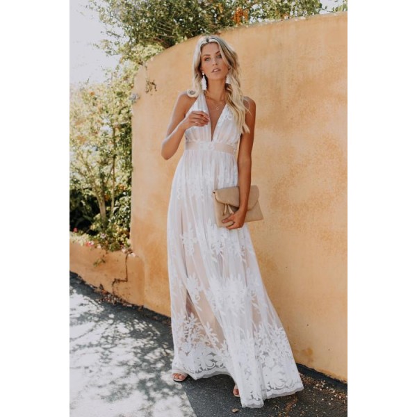 Deep V Neck Lace Wedding Party Maxi Dress