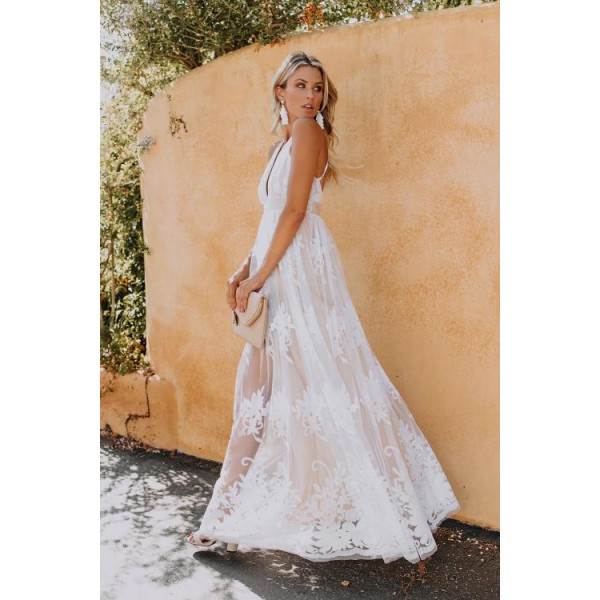 Deep V Neck Lace Wedding Party Maxi Dress