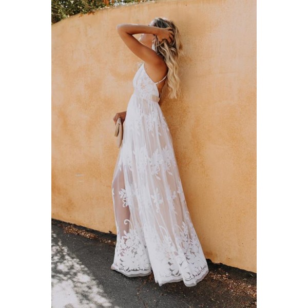Deep V Neck Lace Wedding Party Maxi Dress