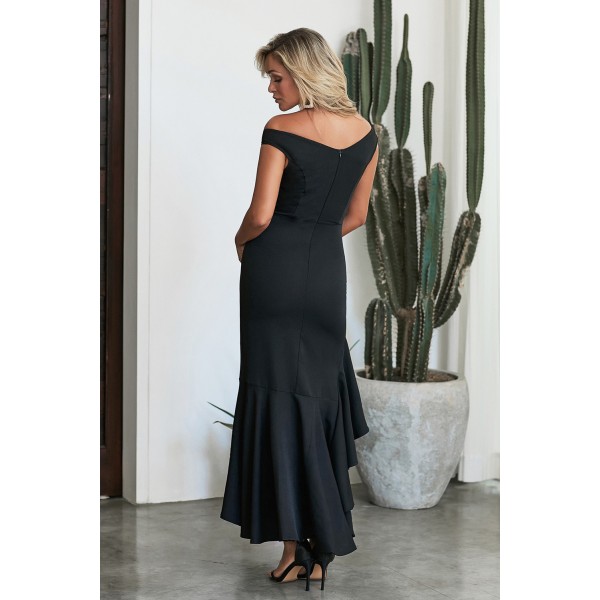 Black Off The Shoulder Frill Detail Maxi Dress