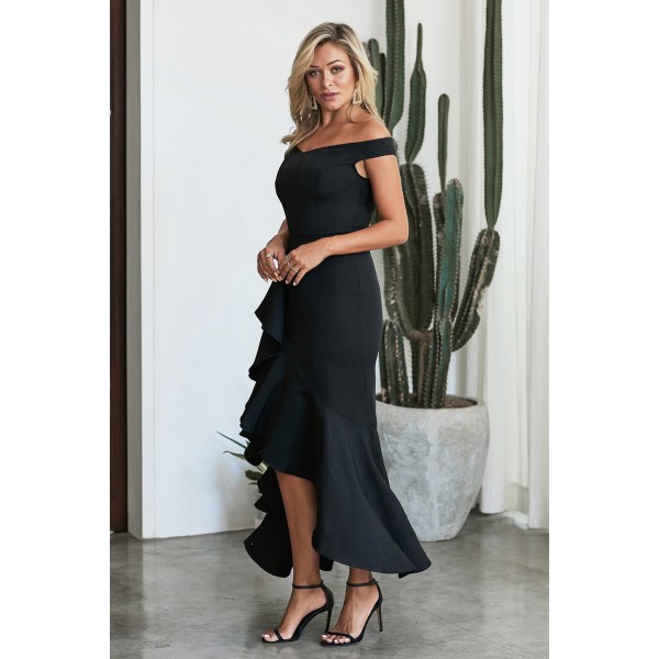 Black Off The Shoulder Frill Detail Maxi Dress