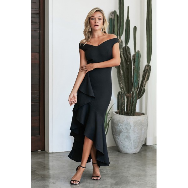 Black Off The Shoulder Frill Detail Maxi Dress