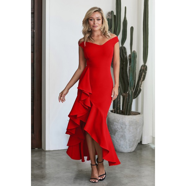 Red Off The Shoulder Frill Detail Maxi Dress