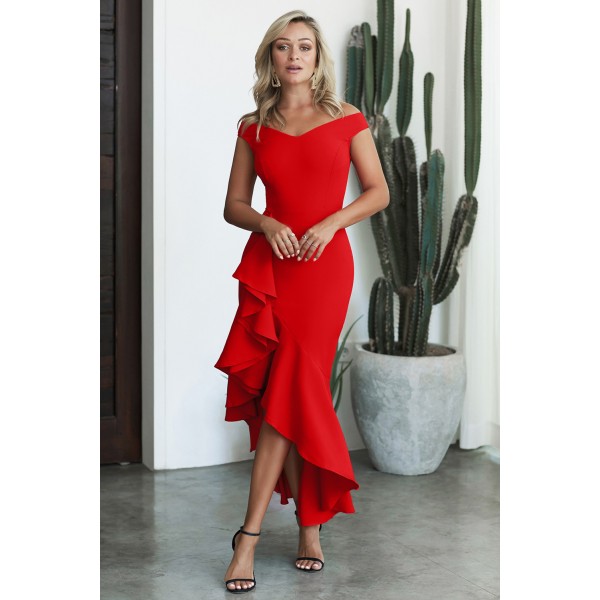 Red Off The Shoulder Frill Detail Maxi Dress