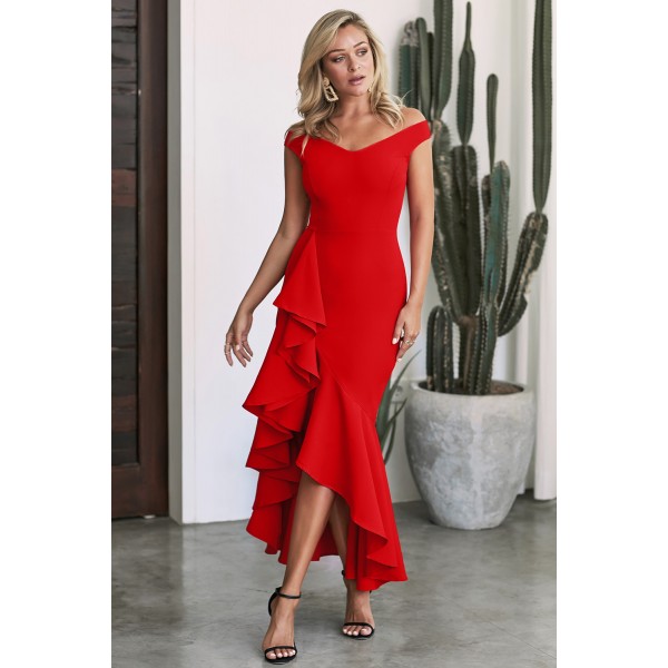 Red Off The Shoulder Frill Detail Maxi Dress
