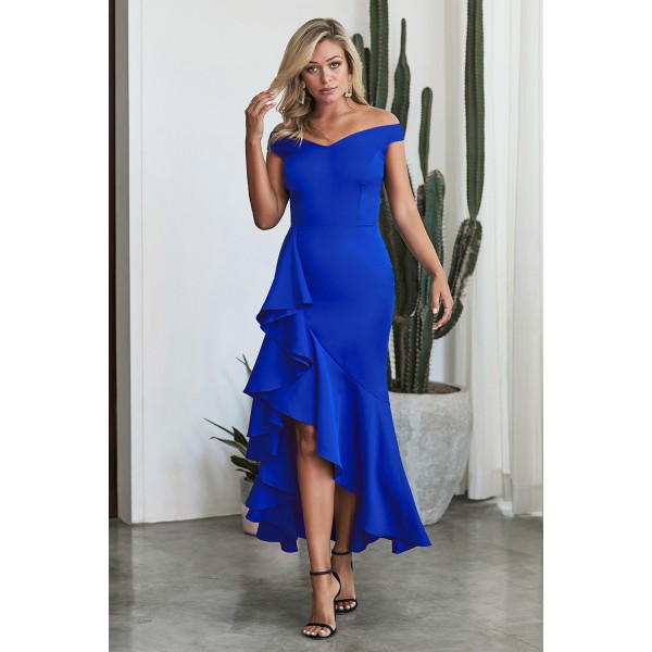 Blue Off The Shoulder Frill Detail Maxi Dress