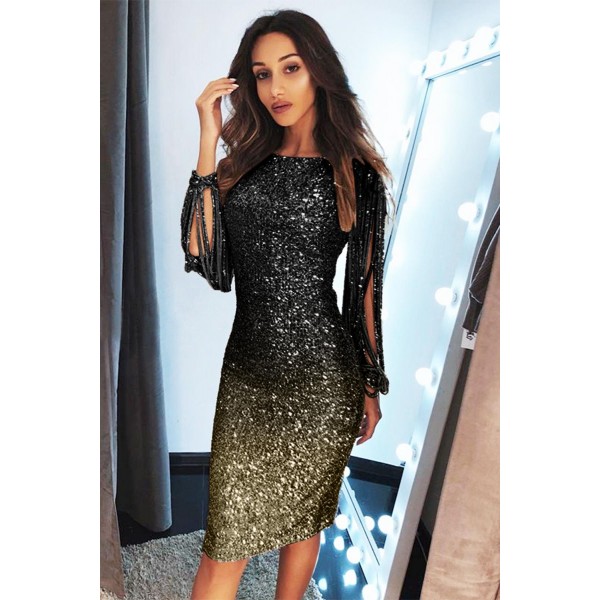 Black Ombre Sequin Tassel Sleeve Bodycon Evening Dress