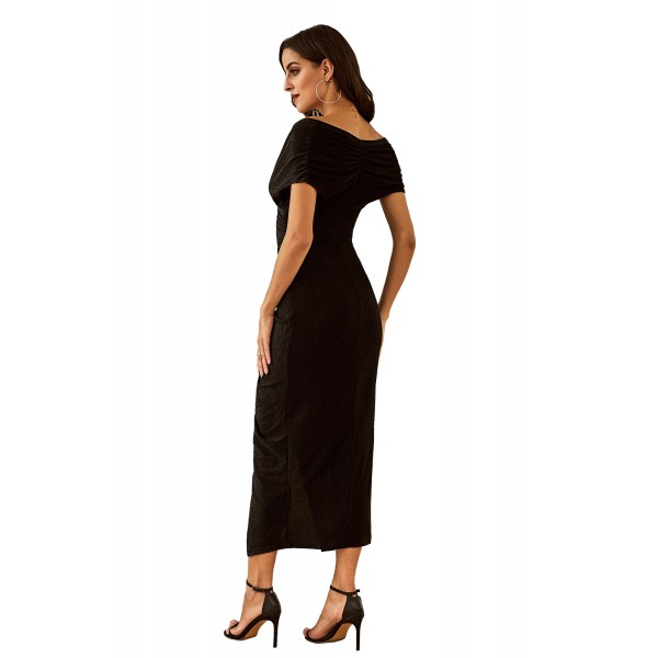 Black Glitter Off Shoulder Ruched Slit Party Dress
