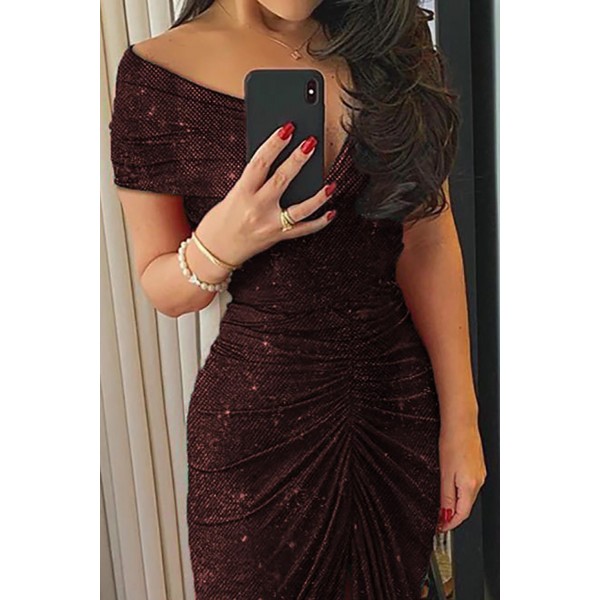 Red Glitter Off Shoulder Ruched Slit Party Dress