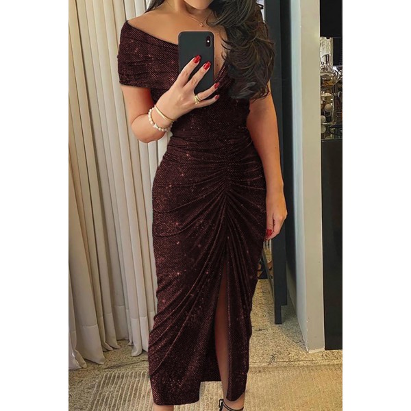 Red Glitter Off Shoulder Ruched Slit Party Dress