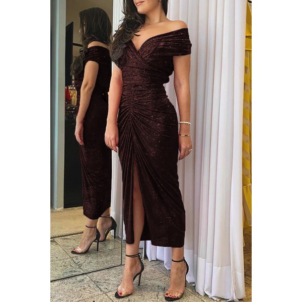 Red Glitter Off Shoulder Ruched Slit Party Dress