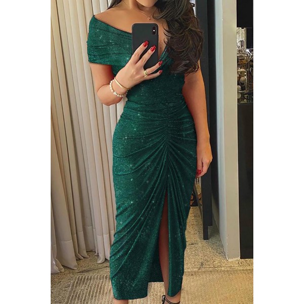 Green Glitter Off Shoulder Ruched Slit Party Dress