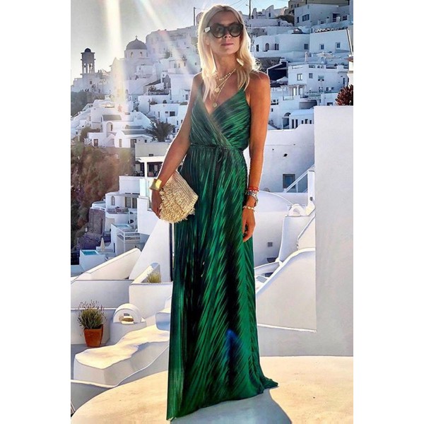Green V Neck Tunic Satin Maxi Dress