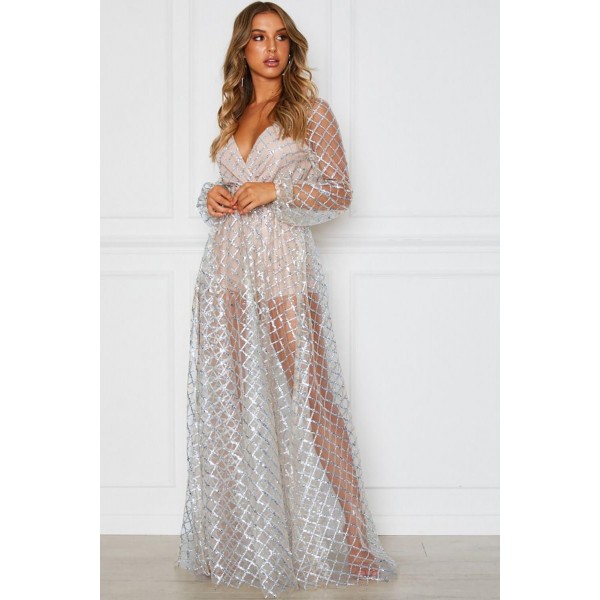 Silver Glittering Checked Pattern Sheer Gown