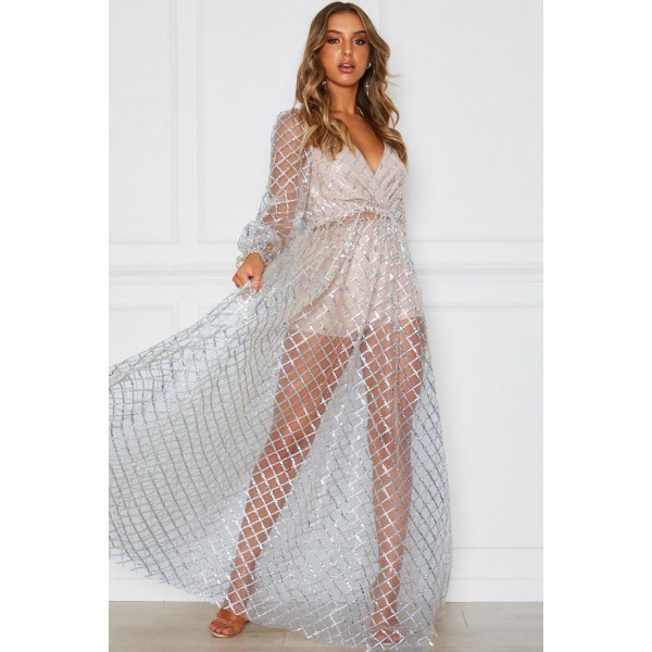 Silver Glittering Checked Pattern Sheer Gown