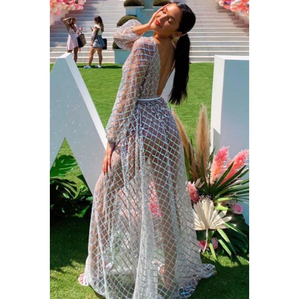 Silver Glittering Checked Pattern Sheer Gown