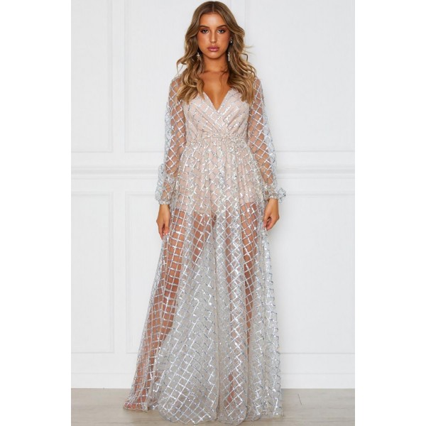 Silver Glittering Checked Pattern Sheer Gown