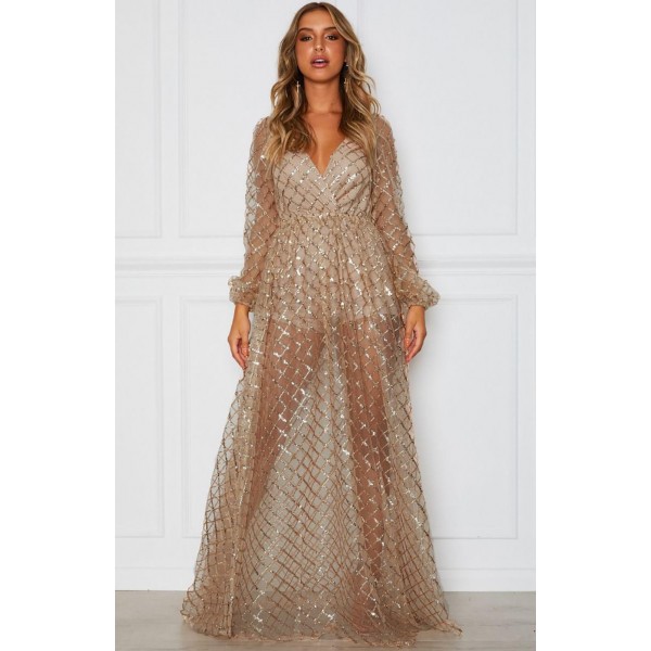 Apricot Glittering Checked Pattern Sheer Gown