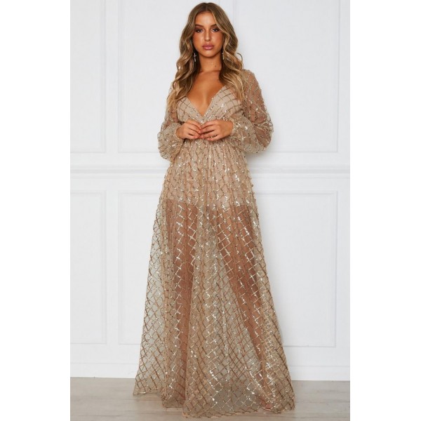 Apricot Glittering Checked Pattern Sheer Gown