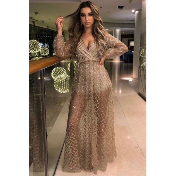Apricot Glittering Checked Pattern Sheer Gown