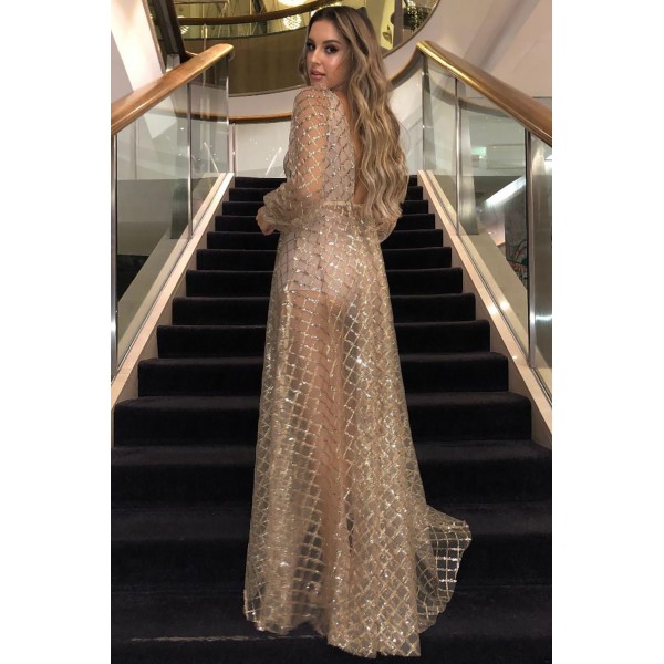 Apricot Glittering Checked Pattern Sheer Gown