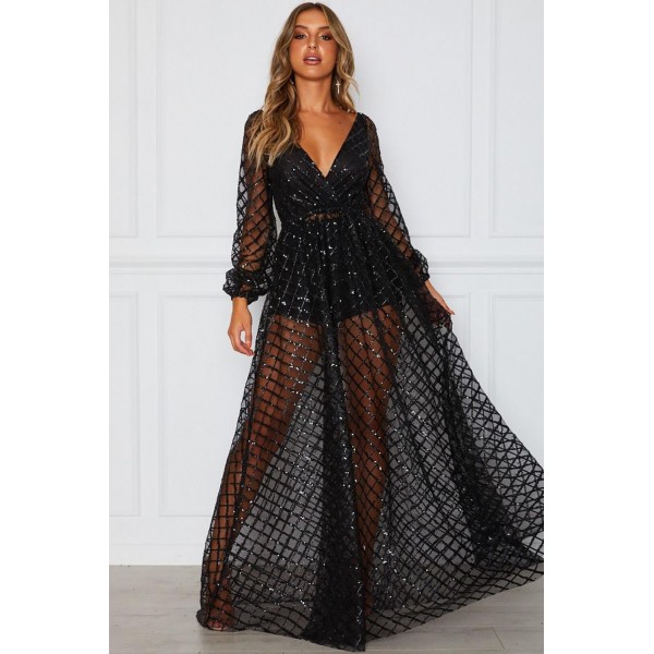 Black Glittering Checked Pattern Sheer Gown