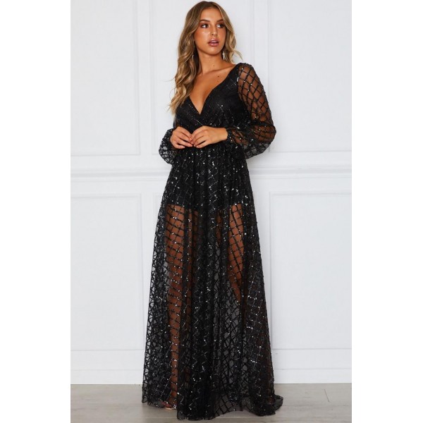 Black Glittering Checked Pattern Sheer Gown
