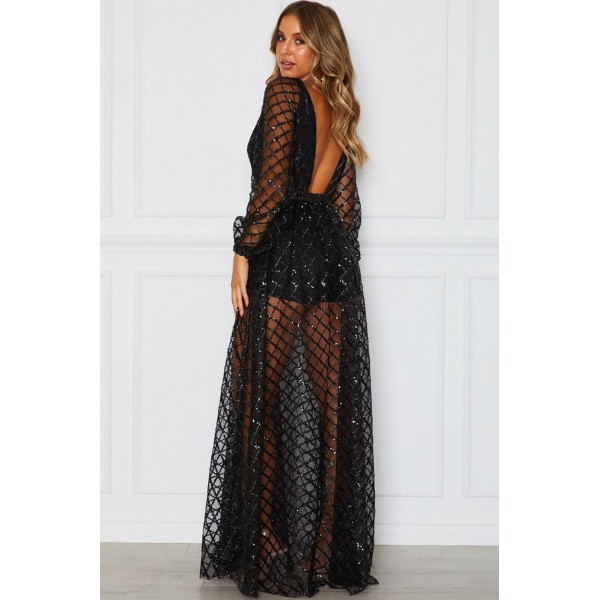 Black Glittering Checked Pattern Sheer Gown