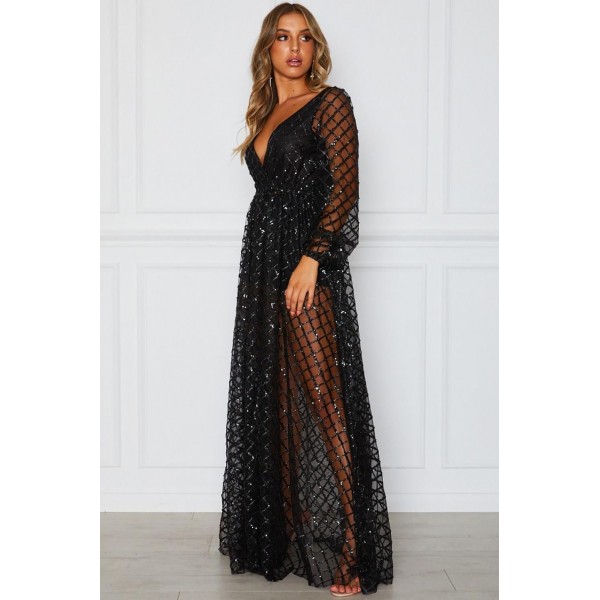 Black Glittering Checked Pattern Sheer Gown