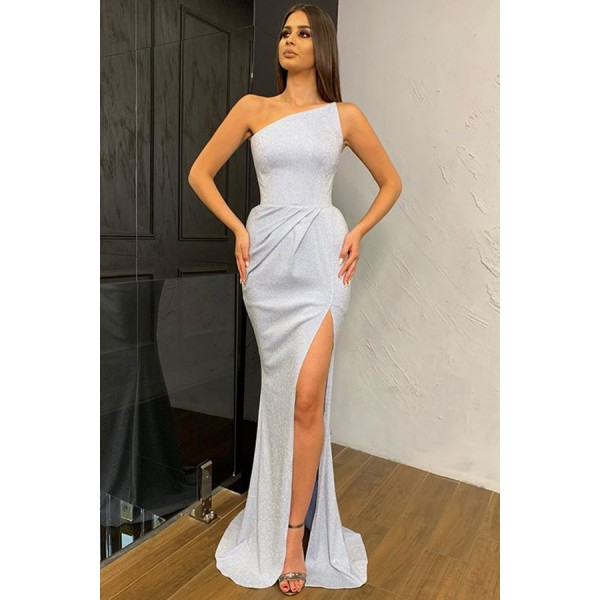 White One-shoulder Metallic Maxi Dress with Slit