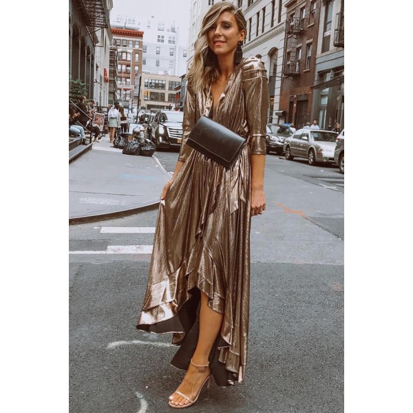 Metallic Shine Ruffled V Neck Maxi Party Dress