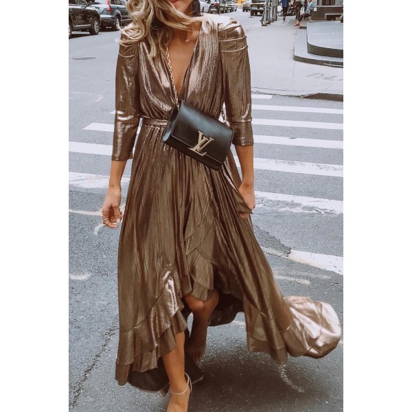 Metallic Shine Ruffled V Neck Maxi Party Dress