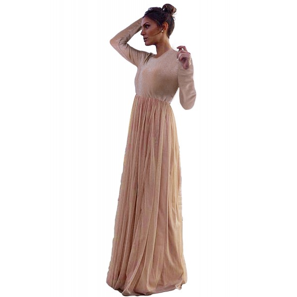 Long Sleeve Sequin Bodice Cocktail Wedding Party Maxi Dress