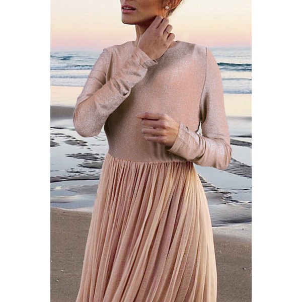 Long Sleeve Sequin Bodice Cocktail Wedding Party Maxi Dress