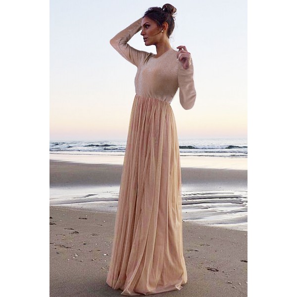 Long Sleeve Sequin Bodice Cocktail Wedding Party Maxi Dress