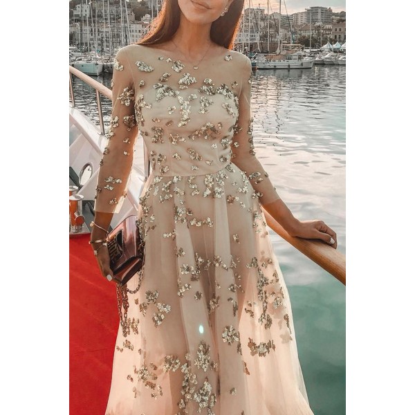 Apricot Fairy Sequins Perspective Tulle Dress