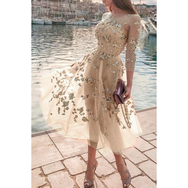 Apricot Fairy Sequins Perspective Tulle Dress